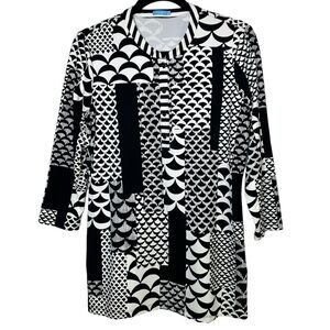J.McLaughlin Black White Artsy Abstract 3/4 Sleeve Tunic Top Size Medium